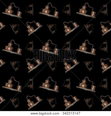 Alambik Cooper Is A Device For Distilling Mash And Obtaining Pure Alcohol. Seamless Pattern.