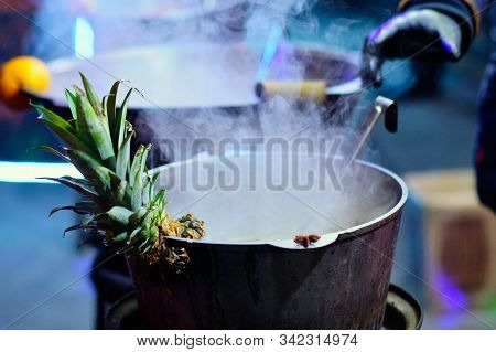 Christmas City Fair. Close Up View Of The Pot Filled With The Mulled Wine