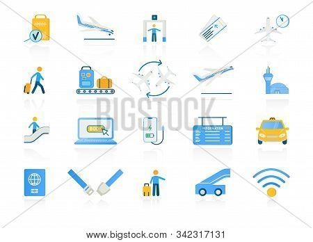 Set Of Assorted Colored Airport And Travel Icons With Tourists Or Travellers, Baggage Machinery, Onl