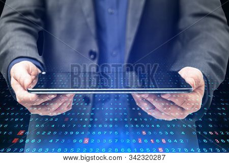 Businessman Holding Tablet With Binary Code.