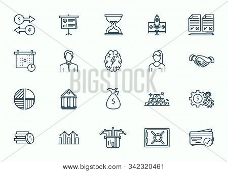 Large Set Of Line Black And White Business And Finance Icons With Graphs And Charts, People, Dollars