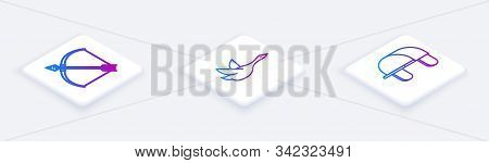 Set Isometric Line Bow And Arrow In Quiver, Flying Duck And Hunter Hat. White Square Button. Vector