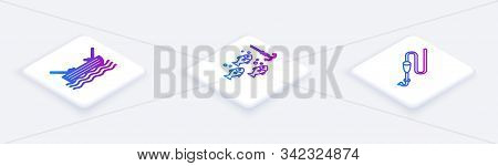 Set Isometric Line Fishing Boat With Fishing Rod On Water, Fishing Hook Under Water With Fish And Fi