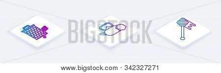 Set Isometric Line Honeycomb With Honey Dipper Stickicon, Tea Kettle With Honey And Honey Dipper Sti