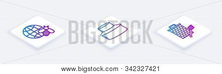 Set Isometric Line Honeycomb Map Of The World And Bee, Beekeeper With Protect Hat And Honeycomb With