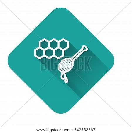 White Line Honeycomb With Honey Dipper Stickicon Isolated With Long Shadow. Honey Ladle. Honey Cells