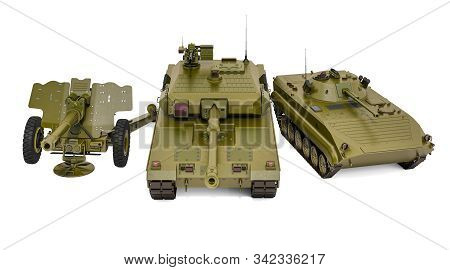 Battle Tank, Howitzer And Infantry Fighting Vehicle. 3d Rendering Isolated On White Background