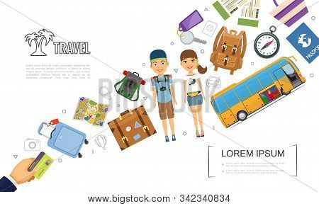 Flat Travel Elements Template With Tourists Bus Map Bags Backpack Luggage Passport Compass Map Key T