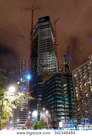 Warsaw,poland. August 2015. Building Under Construction. Q22 Is A Modern Office Building,