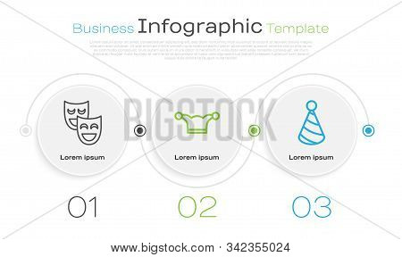 Set Line Comedy Theatrical Masks, Jester Hat With Bells And Party Hat. Business Infographic Template