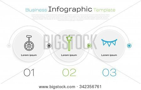 Set Line Unicycle Or One Wheel Bicycle, Magic Wand And Carnival Garland With Flags. Business Infogra