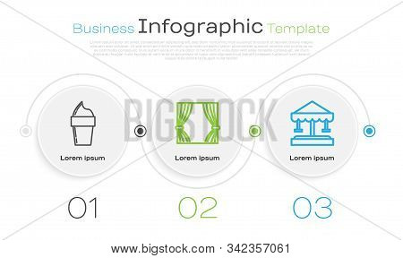 Set Line Ice Cream In Waffle Cone, Curtain And Attraction Carousel. Business Infographic Template. V