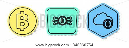 Set Line Cryptocurrency Coin Bitcoin, Cryptocurrency Bitcoin In Circle With Microchip Circuit And Cr