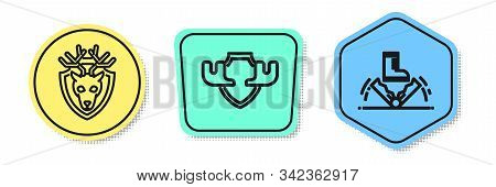 Set Line Deer Head With Antlers On Shield, Moose Horns On Shield And Trap Hunting. Colored Shapes. V