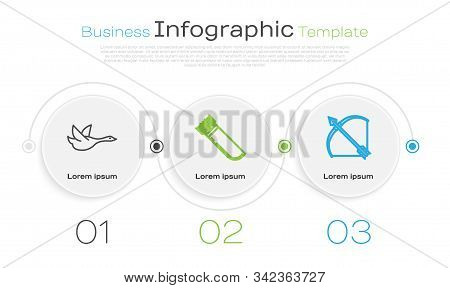 Set Line Flying Duck, Quiver With Arrows And Bow And Arrow In Quiver. Business Infographic Template.