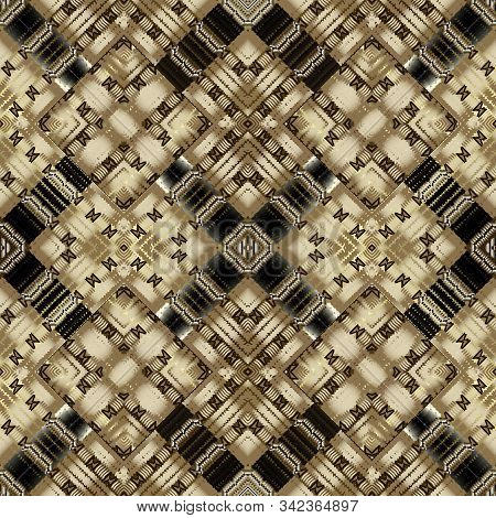 Grunge Textured Geometric 3dvector Seamless Pattern. Striped Ornamental Waffle Background. Surface R