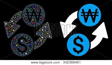 Glowing Mesh Dollar Korean Won Exchange Icon With Lightspot Effect. Abstract Illuminated Model Of Do