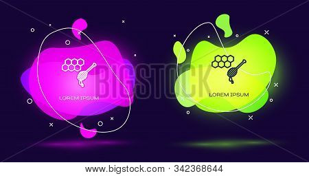 Line Honeycomb With Honey Dipper Stickicon Isolated On Black Background. Honey Ladle. Honey Cells Sy