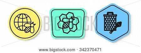 Set Line Honeycomb Map Of The World And Bee, Bee And Honeycomb And Honeycomb With Honey Dipper Stick