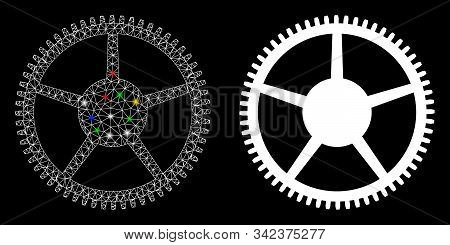 Glowing Mesh Tooth Main Wheel Icon With Glow Effect. Abstract Illuminated Model Of Tooth Main Wheel.