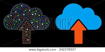 Flare Mesh Upload To Cloud Icon With Glitter Effect. Abstract Illuminated Model Of Upload To Cloud. 