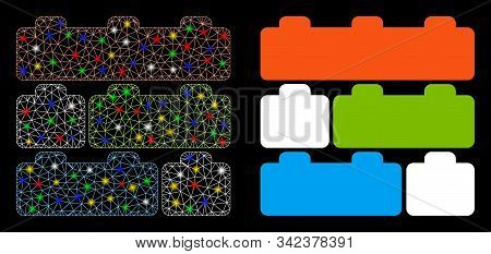 Glossy Mesh Toy Constructor Bricks Icon With Glow Effect. Abstract Illuminated Model Of Toy Construc