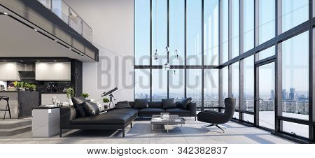 Luxury Modern Penthouse Interior With Panoramic Windows, 3d Illustration