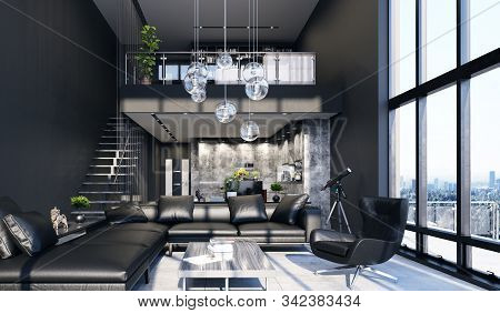 Luxury Modern Penthouse Interior With Panoramic Windows, 3d Illustration