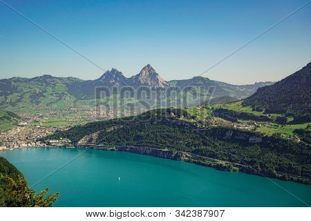 Panorama of Canton Schwyz from Morsch. Mountain peaks Mythen ( Grosse Mythe) is a mountain in Schwyzer Alps of Central Switzerland