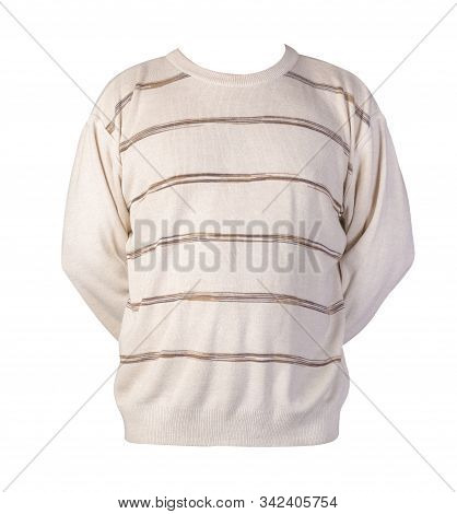 Knitted Hakki Brown Beige Color Sweater With A Zipper Isolated On A White Background. Mens Sweater U