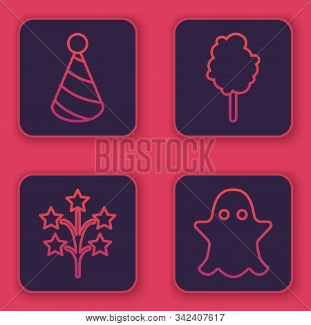 Set Line Party Hat, Fireworks, Cotton Candy And Ghost. Blue Square Button. Vector