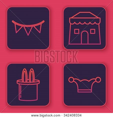 Set Line Carnival Garland With Flags, Magician Hat And Rabbit Ears, Circus Tent And Jester Hat With 