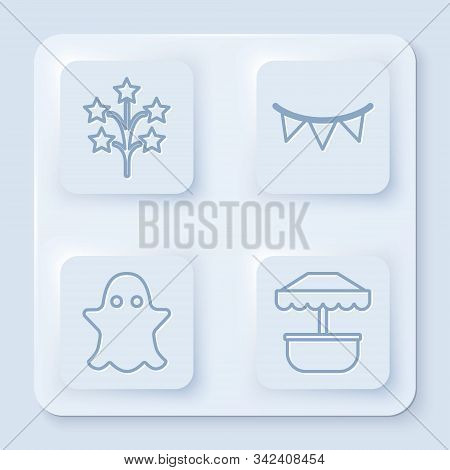 Set Line Fireworks, Carnival Garland With Flags, Ghost And Attraction Carousel. White Square Button.