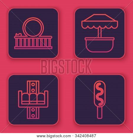 Set Line Roller Coaster, Attraction Carousel, Attraction Carousel And Corn Dog. Blue Square Button. 