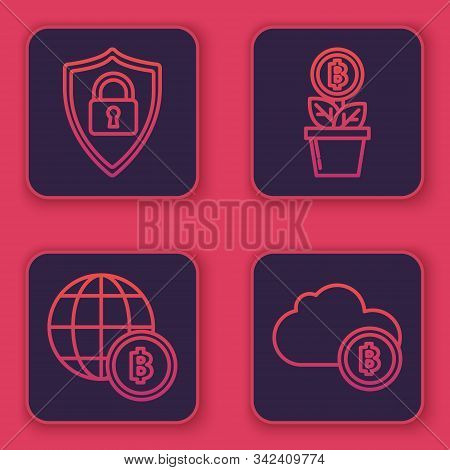 Set Line Shield Security With Lock, Globe And Cryptocurrency Coin Bitcoin, Bitcoin Plant In The Pot 