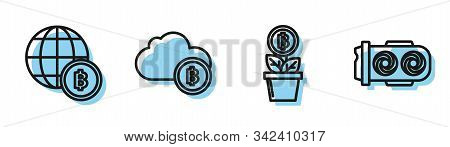 Set Line Bitcoin Plant In The Pot, Globe And Cryptocurrency Coin Bitcoin, Cryptocurrency Cloud Minin