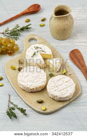 French Cheese Plate For Buffet Party. Traditional French Or Italian Entires Flat Lay. Top View