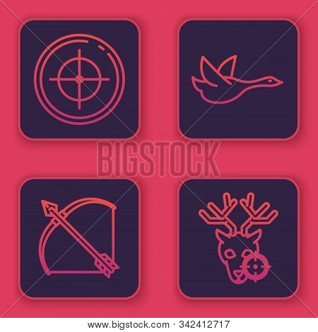 Set Line Target Sport For Shooting Competition, Bow And Arrow In Quiver, Flying Duck And Hunt On Dee