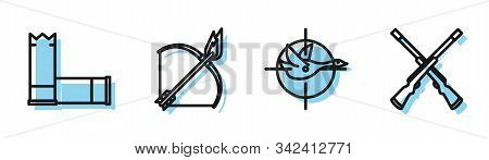 Set Line Hunt On Duck With Crosshairs, Cartridges, Bow And Fire Arrow And Two Crossed Shotguns Icon.