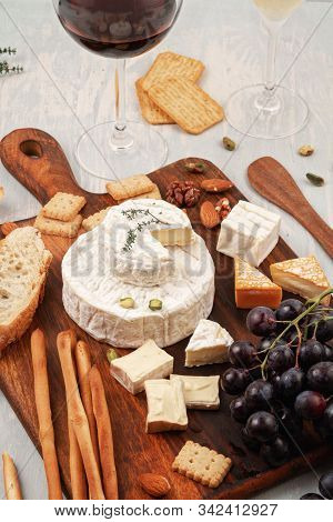 French Cheese Plate For Buffet Party. Traditional French Or Italian Entires Flat Lay. Top View