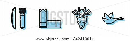 Set Line Deer Head With Antlers, Bow And Arrow In Quiver, Cartridges And Flying Duck Icon. Vector