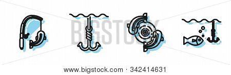 Set Line Fish, Fishing Rod And Fish, Fishing Hook Under Water And Fishing Hook Under Water With Fish