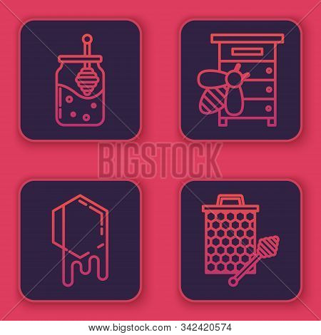 Set Line Jar Of Honey And Honey Dipper Stick, Honeycomb, Hive For Bees And Honeycomb With Honey Dipp