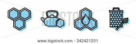 Set Line Honeycomb, Honeycomb, Tea Kettle With Honey And Honeycomb With Honey Dipper Stickicon Icon.