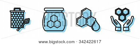 Set Line Honeycomb, Honeycomb With Honey Dipper Stickicon, Jar Of Honey And Honeycomb And Hands Icon