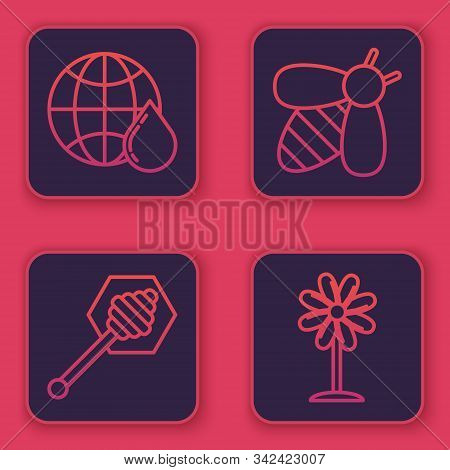 Set Line Honeycomb Map Of The World, Honey Dipper Stick, Bee And Flower. Blue Square Button. Vector