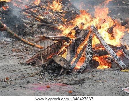Funeral Pyres Burning At Swargadwar Crematorium,puri,odisha State,india.