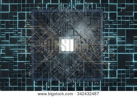 Luminous Cube And Circuits, Black Cubes, 3D Rendering.
