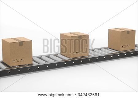 Boxes Moving On The Conveyor Belt, 3D Rendering.