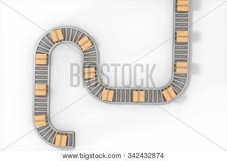 Boxes Moving On The Conveyor Belt, 3D Rendering.